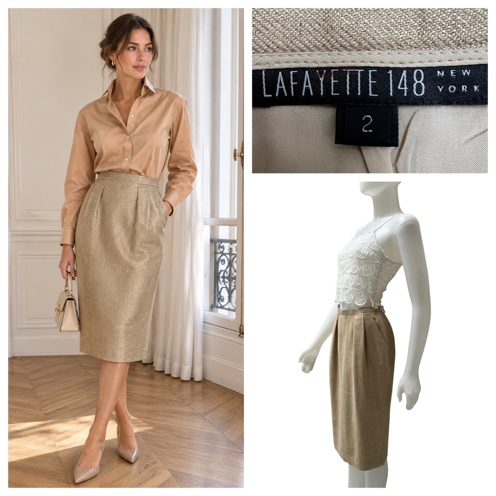 VTG 90s Lafayette 148 Gold Metallic Linen Pencil Skirt Office Siren Old Money 2